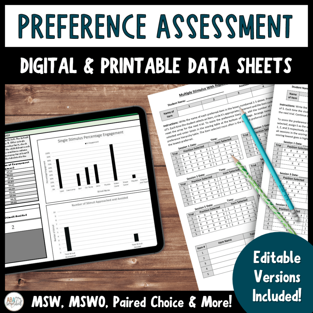 preference assessment data sheets, digital data sheets, printable data sheets